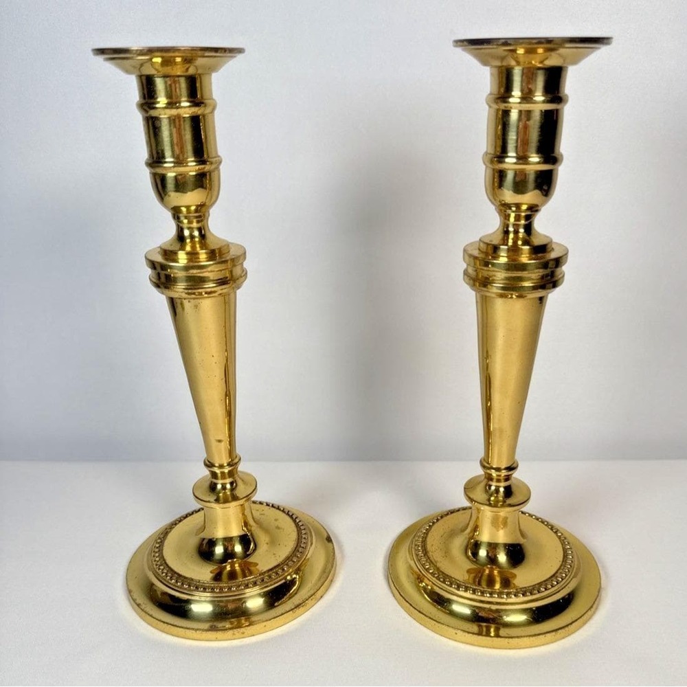 Set Of 2 Vtg Foundry Solid Brass Tapered Candle Stick Holders‎ Ornate Patina 10"